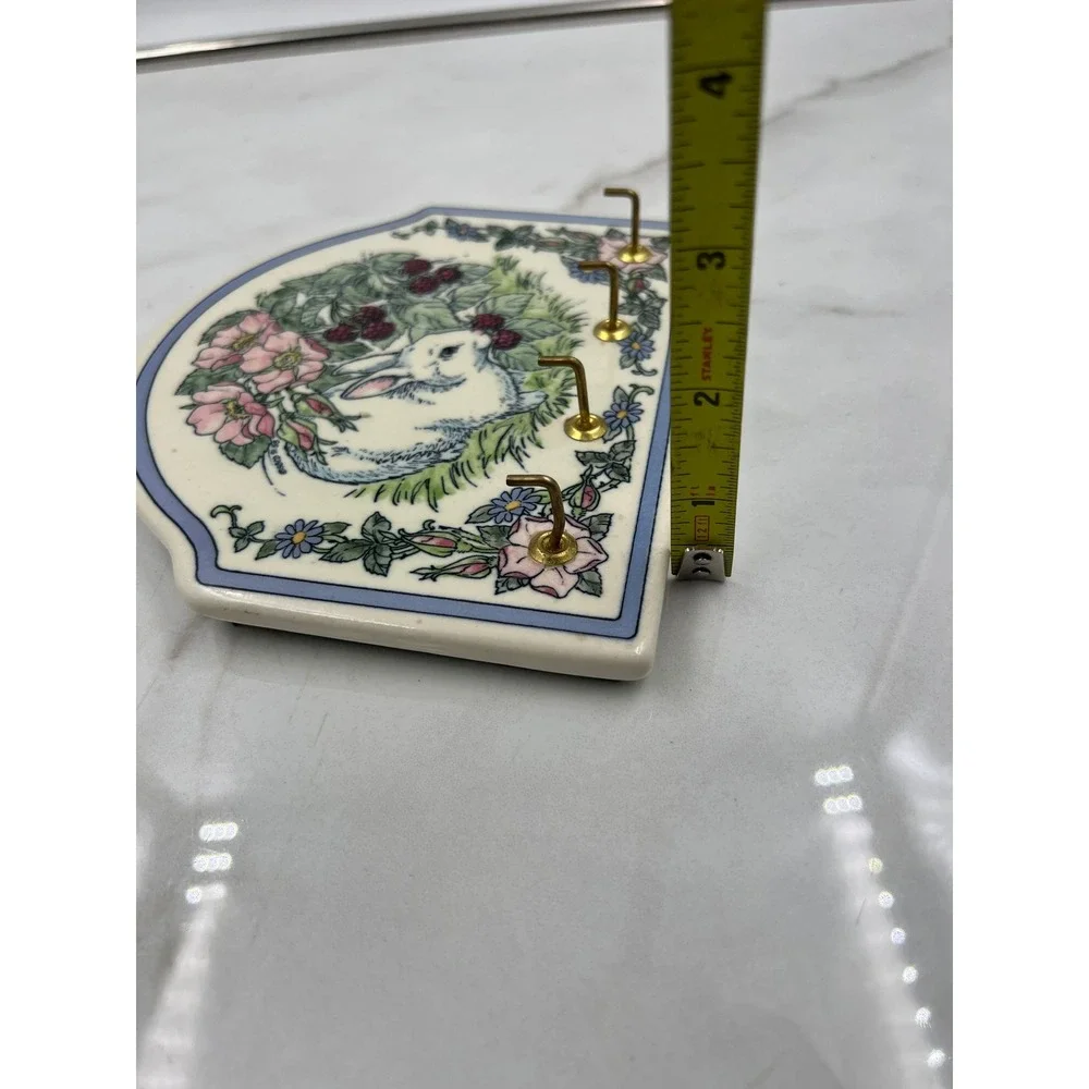 Vintage Ceramic Rabbit Key Rack Wall Hanging Blackberry Floral Bunny Plaque